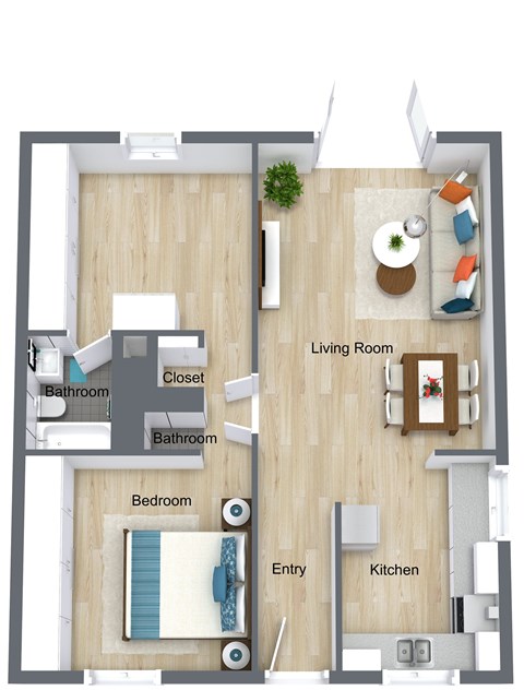 Floor plan for 2 beds, 1.5 baths, 812 sqft